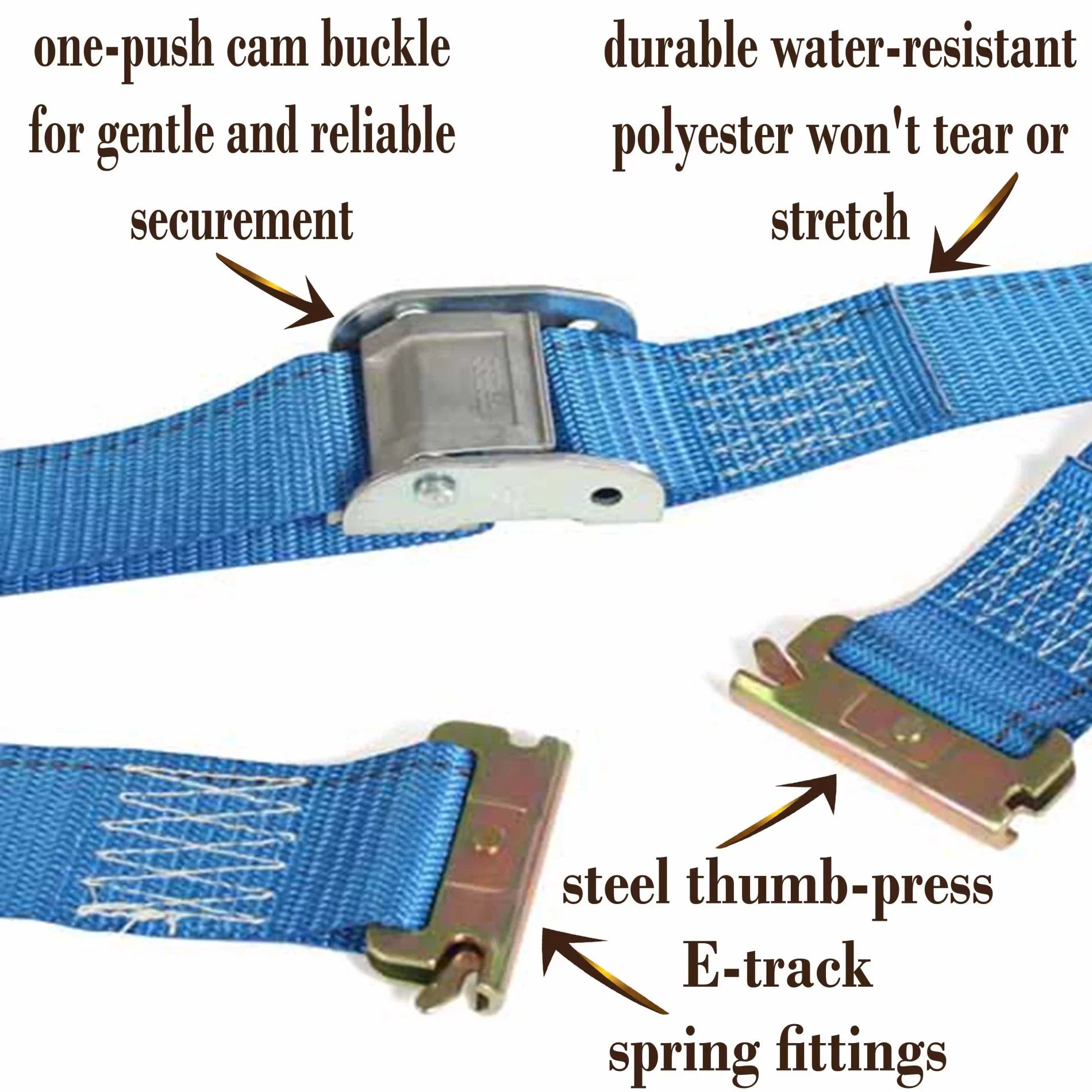 "TEN 2"" x 20' E Track Cam Straps, Sturdy Cam Buckle Strap Cargo TieDowns, Heavy Duty Blue Polyester Tie-Downs, ETrack Spring Fittings, Tie Down Motorcycles, Trailer Loads, by DC Cargo Mall"