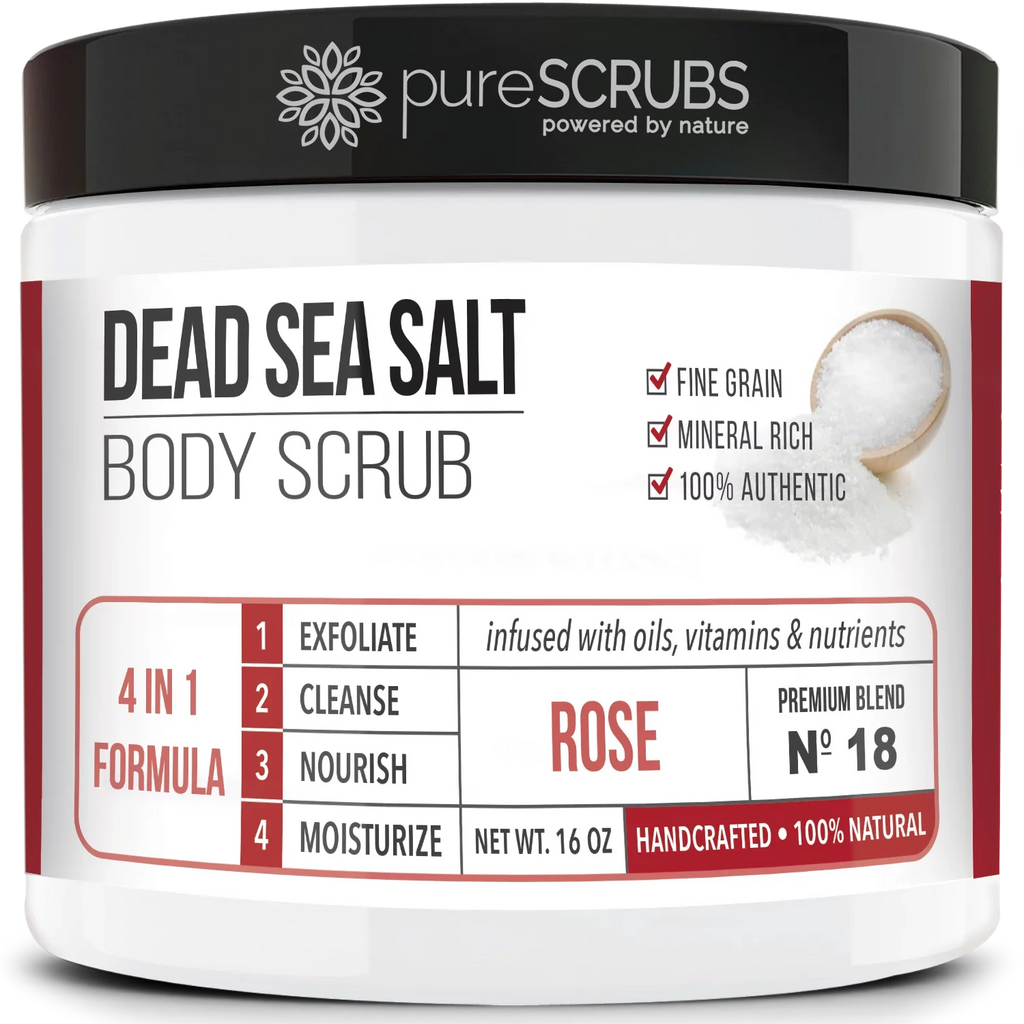 pureSCRUBS Premium Organic Body Scrub Set - Large 16oz ROSE BODY SCRUB - Pure Dead Sea Salt Refurbished Organic Essential Oils & Nutrients + FREE Wooden Spoon, Loofah & Mini Organic Exfoliating Bar Soap