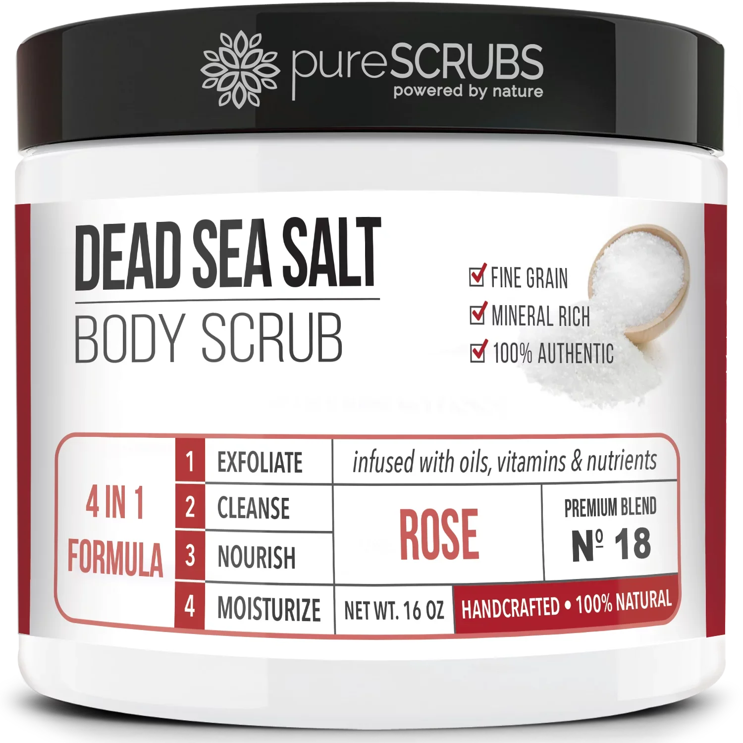 pureSCRUBS Premium Organic Body Scrub Set - Large 16oz ROSE BODY SCRUB - Pure Dead Sea Salt Refurbished Organic Essential Oils & Nutrients + FREE Wooden Spoon, Loofah & Mini Organic Exfoliating Bar Soap