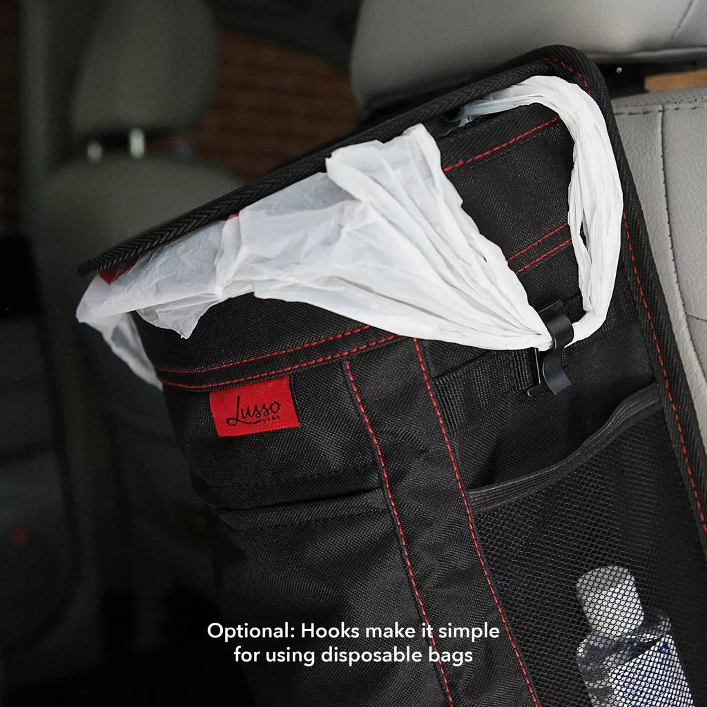 Lusso Gear | Car Trash Can | Hanging, Leakproof Vinyl Garbage Bin with Removable Liner | Large Capacity, Flip Open Lid | Hang or Mount | 2.5 Gallon, Black with Red Stitching