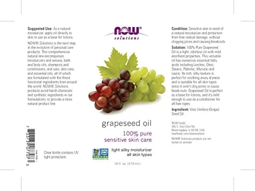 NOW Solutions, Grapeseed Oil, Skin Care for Sensitive Skin, Light Silky Moisturizer for All Skin Types, 16-Ounce