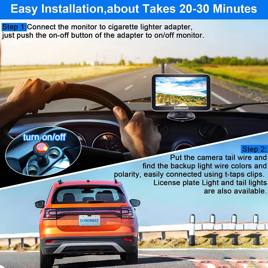 DoHonest Wireless Backup Camera 7-Inch: Plug and Play Easy to Install Truck Car Monitor Kit HD 1080P Bluetooth Reverse Cam for Pickup Camper Van Stable Signal 2 Channel Night vision Auto-Switching V