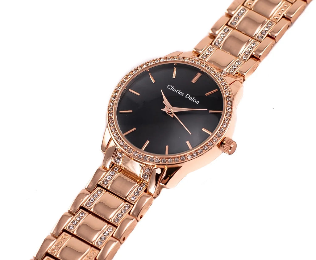 Charles Delon Women's Watch 5855 LRBW Rose Gold/Black Stainless Steel Quartz