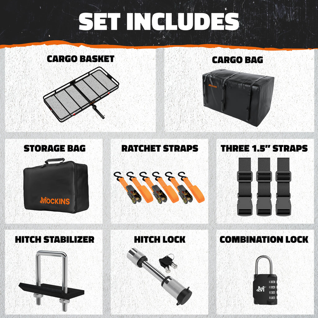 Mockins 70"x30"x6" XXL Trailer Hitch Cargo Carrier Hitch Mount | 500lbs Cap. Hitch Basket with 40 CF Bag & Foldable Arm