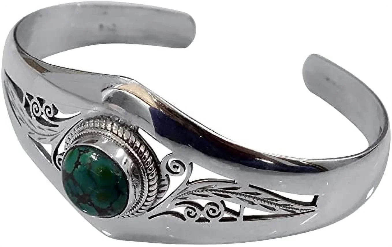 Genuine Turquoise Gemstone Bracelet, Real 925 Sterling Silver Cuff Bracelet for Men Women, Handmade Designer Fashion Jewelry for Gifts, Adjustable Bracelet
