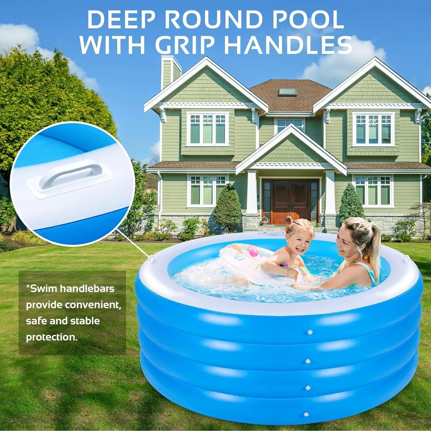 Inflatable Swimming Pool, 70"x30" Large Deep Round Inflatable Pool with Handles Family Pool, Summer Liquid Party, Kids, Outdoor, Garden Backyard, Suitable for Adults & 3+ Year Olds (Blue)