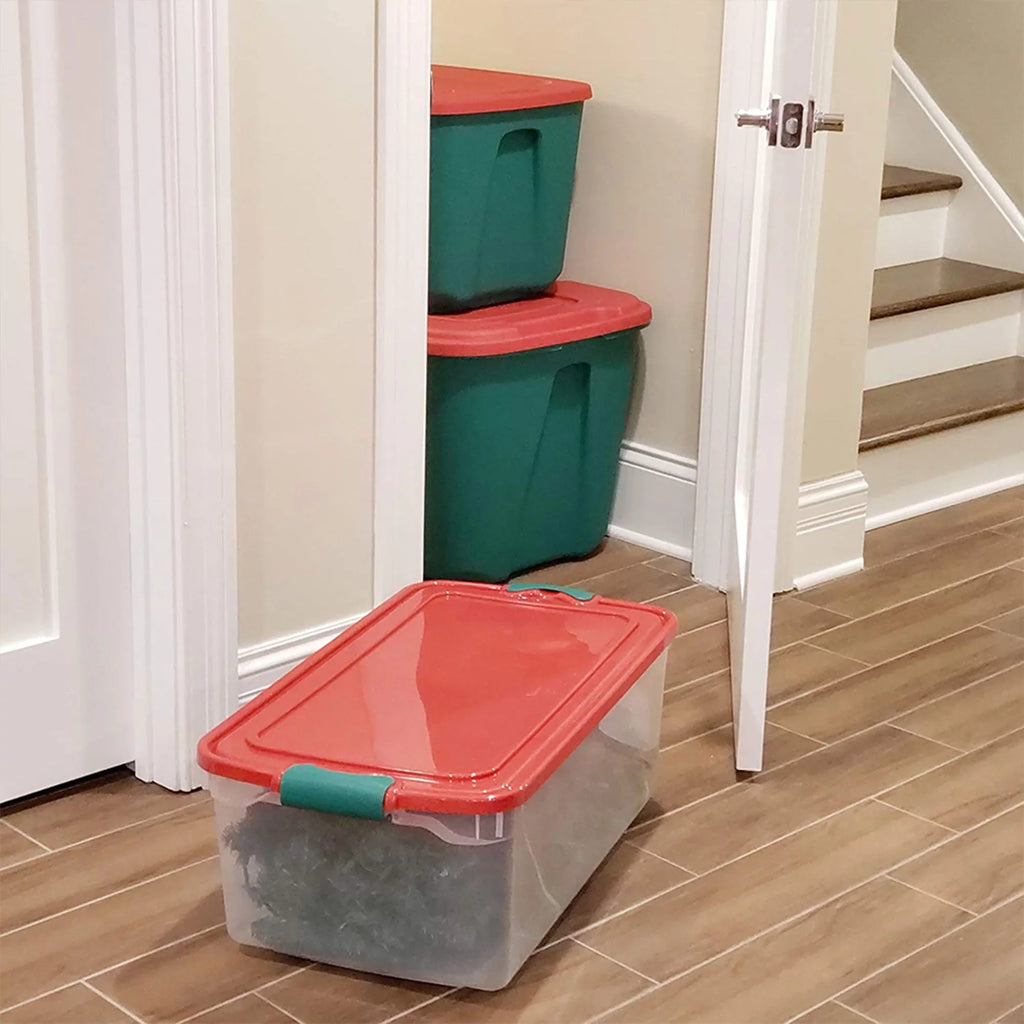 Homz 64 Quart Holiday Decor Plastic Storage Bin with Latching Lid, 6 Pack