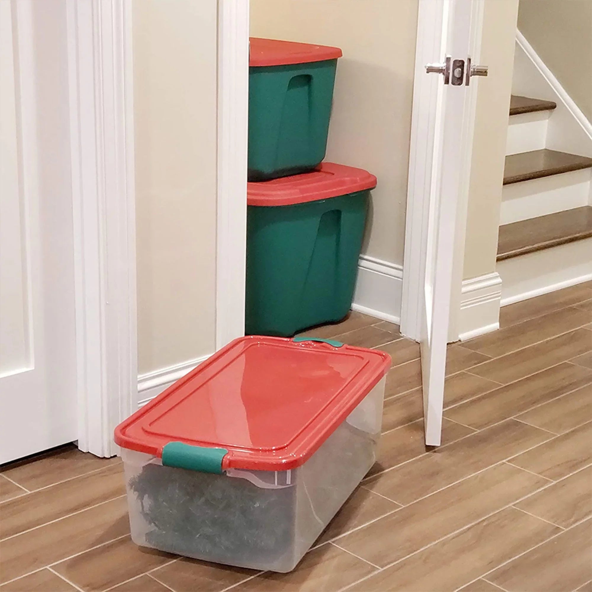 Homz 64 Quart Holiday Decor Plastic Storage Bin with Latching Lid, 6 Pack